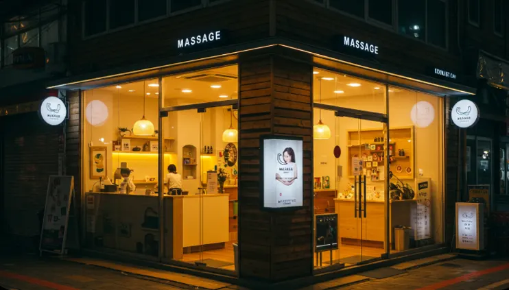 서울 역삼역 인근 마사지샵 외관 – 따뜻한 조명과 유리 파사드가 인상적인 고급 안마샵 입구
